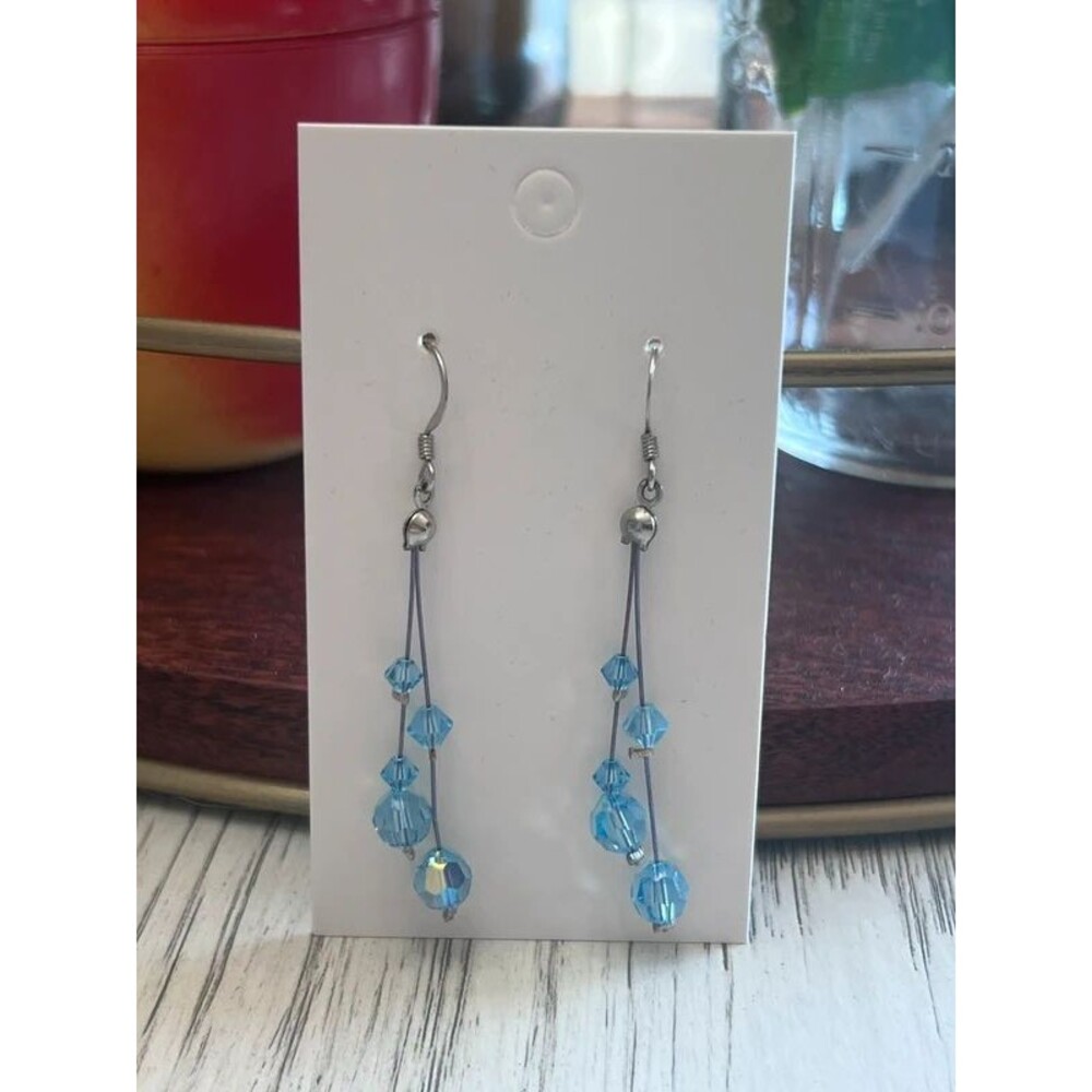 Blue Beaded Silver Dangle Earrings
